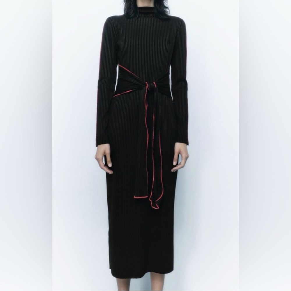 Zara Elegant Black Dress with Red Accents